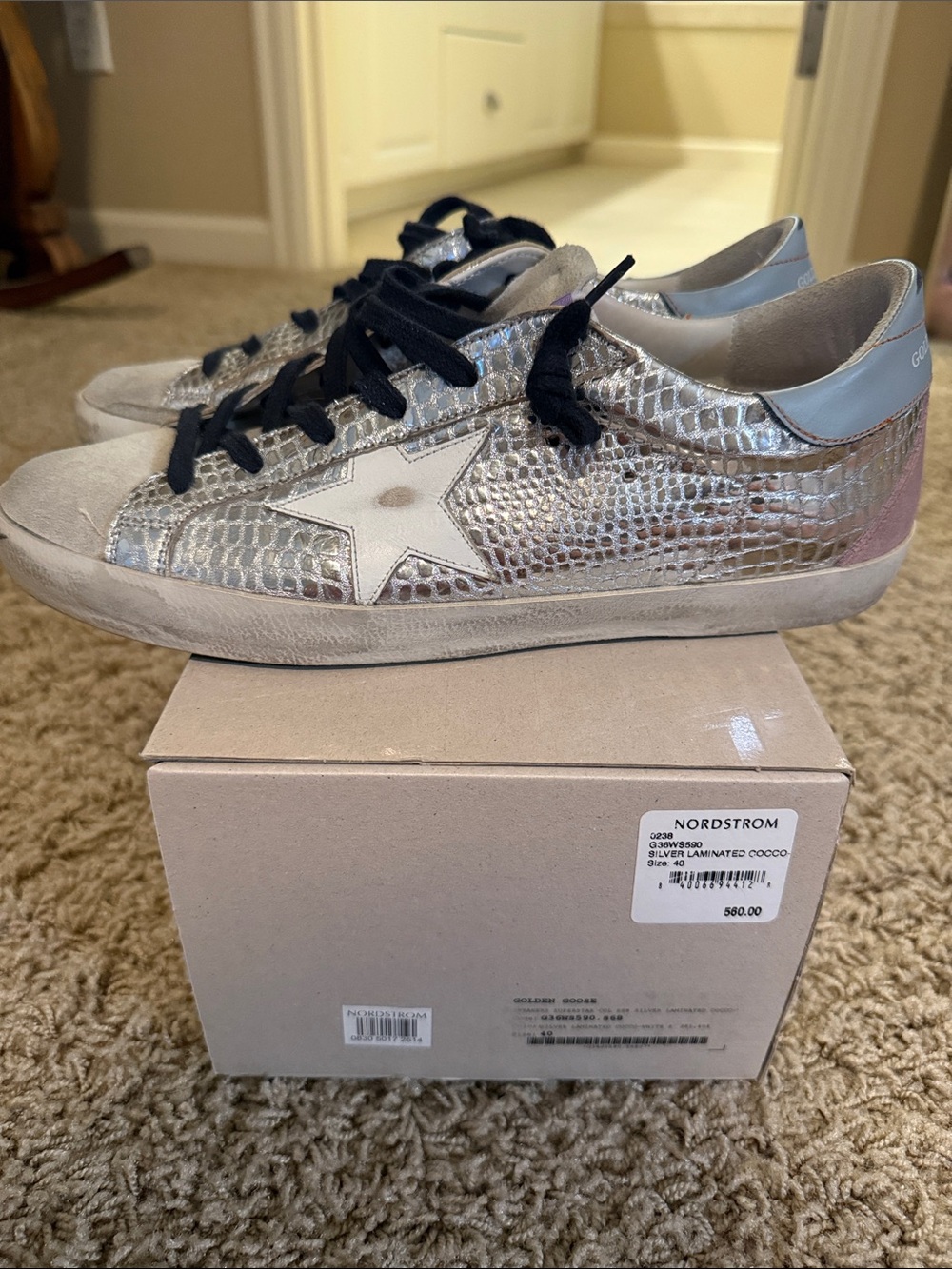 Golden Goose Silver Metallic Star-Accent Sneakers with Navy Laces